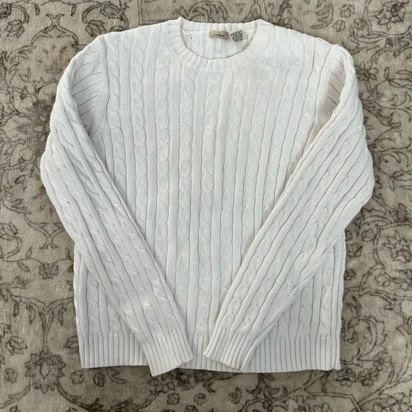 L.L. Bean Ivory Cable Knit Crewneck Sweater - Picture 4 of 6